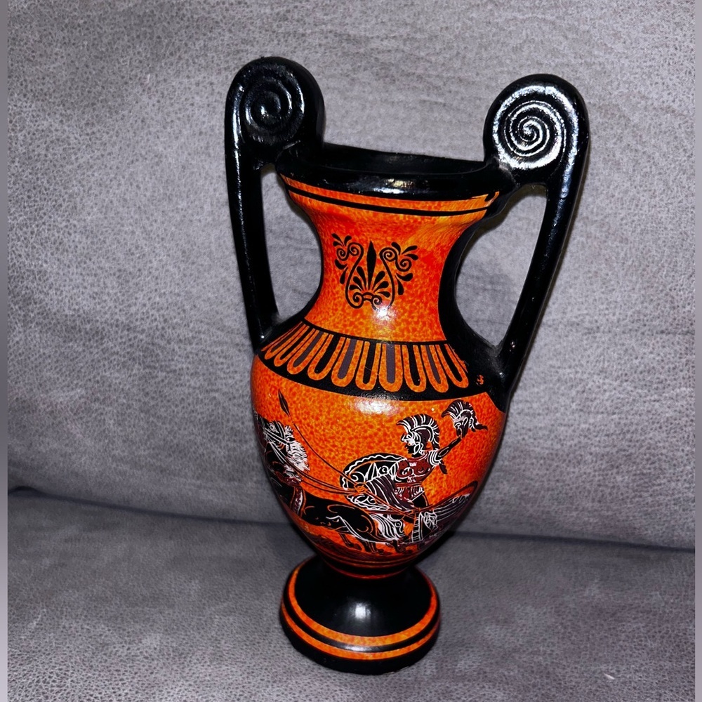 Hand Made Vintage Greek Urn (From Greece) 9” Orange Black Chariot Flaw